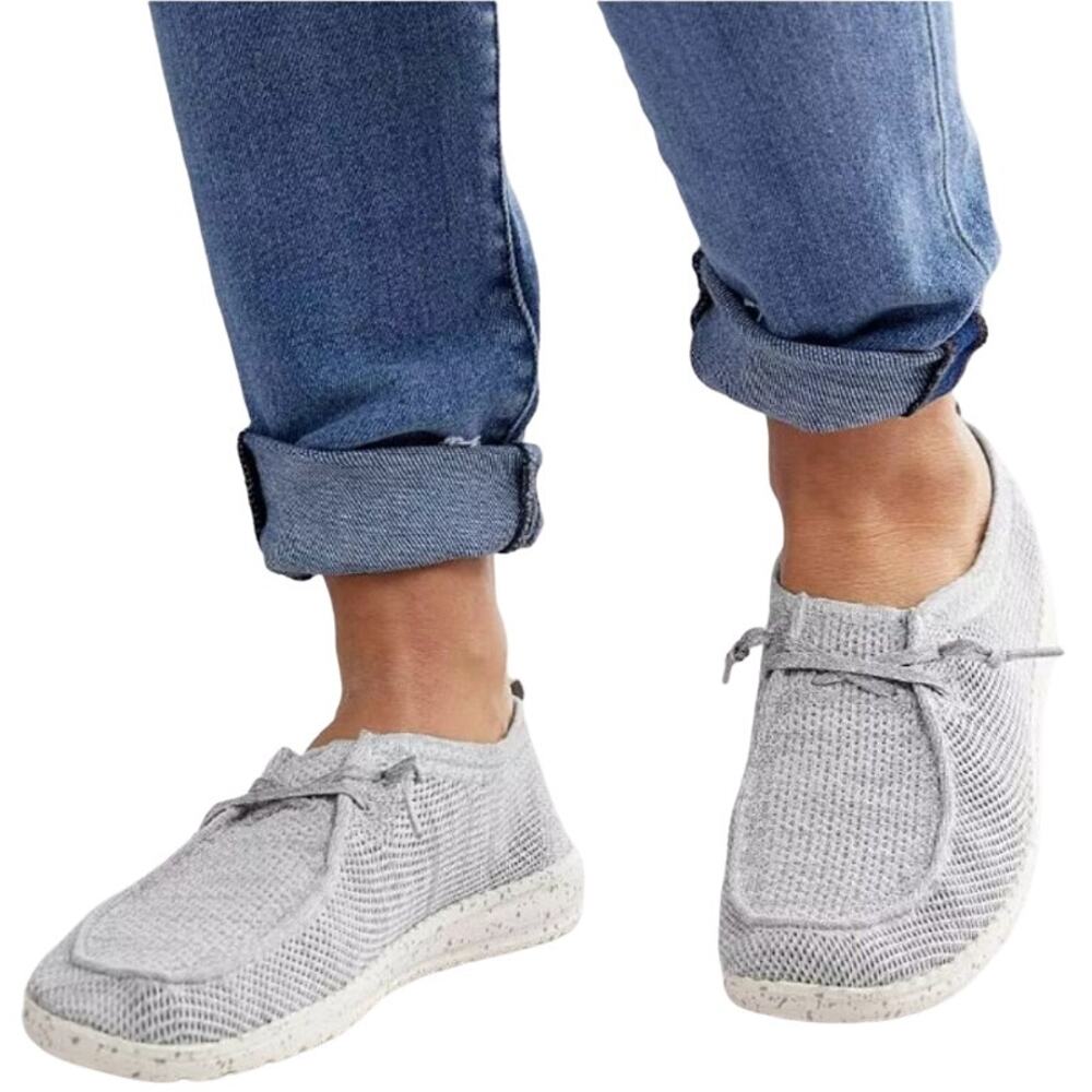 Hey Dude Wendy Sox Sneakers Woven Knit Lightweight Stone Lace Up White Gray 8